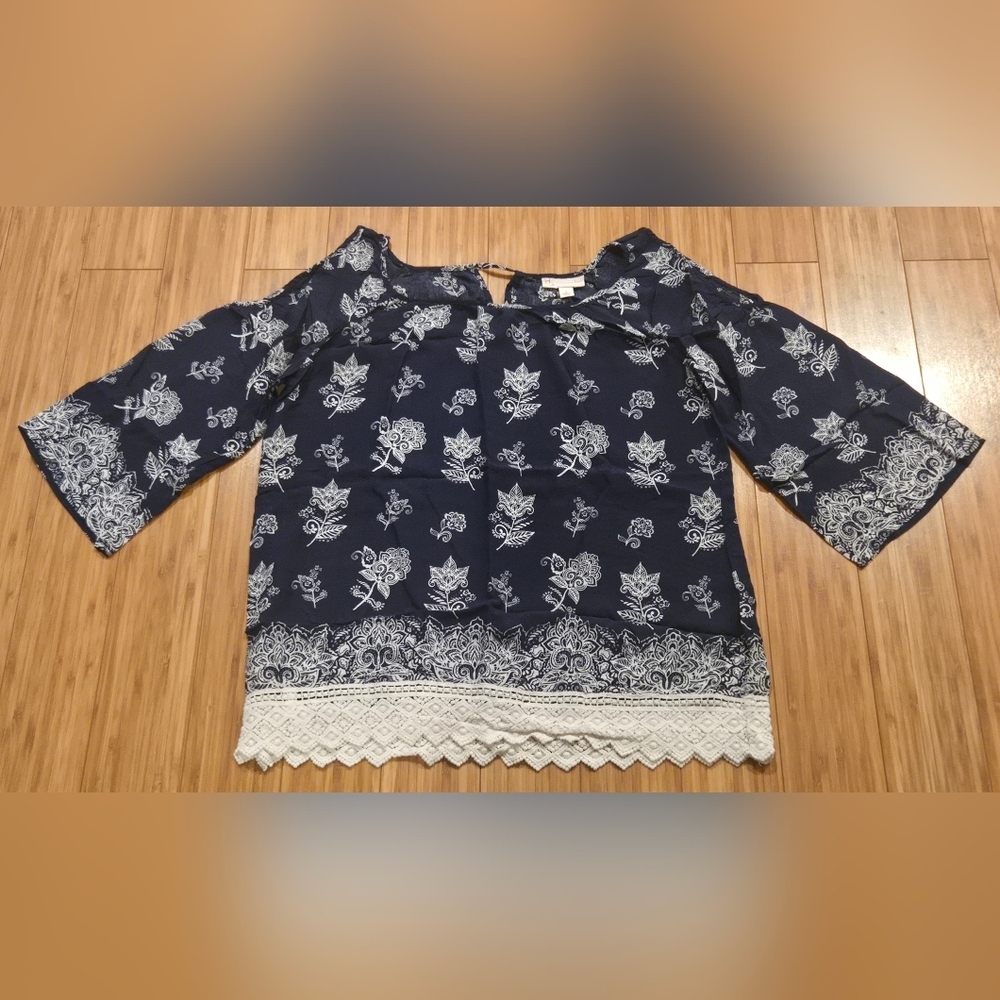 CB Established 1962 Navy Floral Lace-Hem Blouse